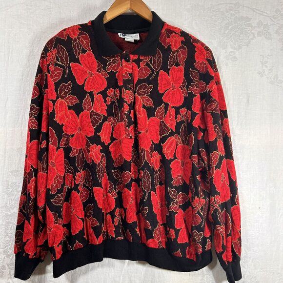 Floral Red and Black Women's Sweater - Picture 1 of 11